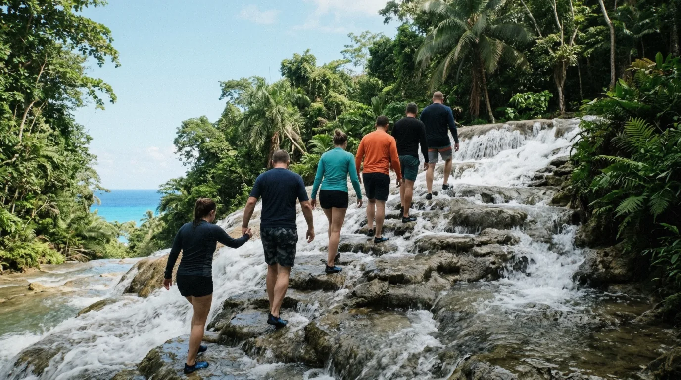 Visitors in water shoes climbing the wet terraces of Dunn's River Falls, showing what to wear for Ocho Rios excursions