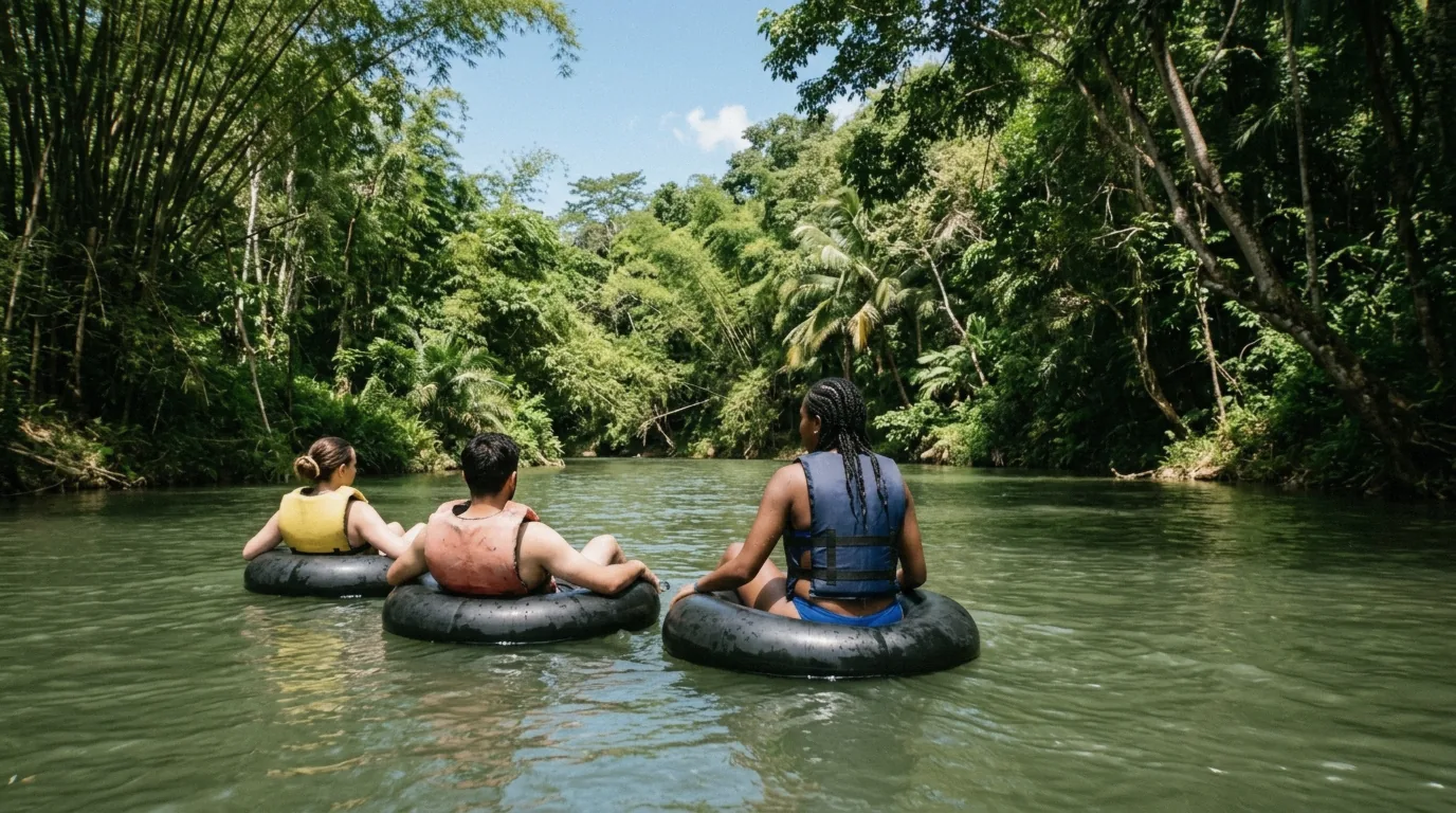 Tourists river tubing on the White River near Ocho Rios under clear sky during the best time to visit Ocho Rios in dry season